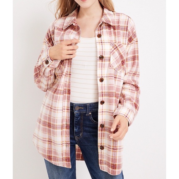 Maurices Plaid Flannel Shirt Jacket Oversized Long Sleeve Womens XL Pink Cream - Picture 1 of 8